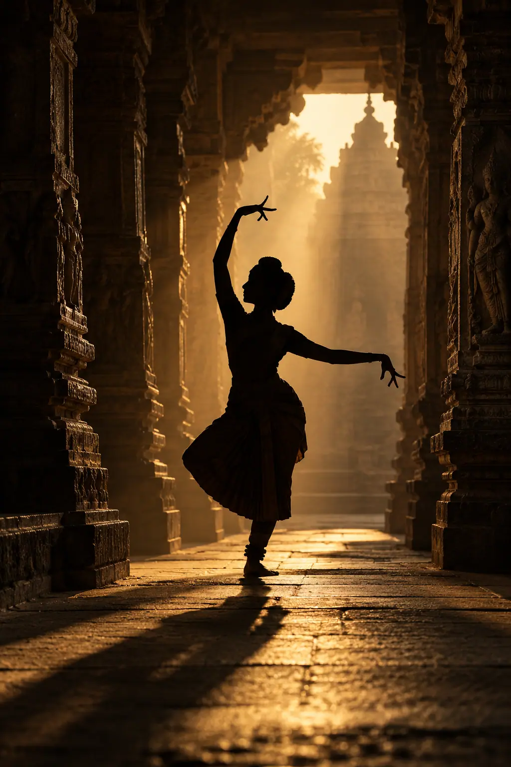 A dancer in silhouette mid-pose inside a stone temple corridor, backlit by golden haze