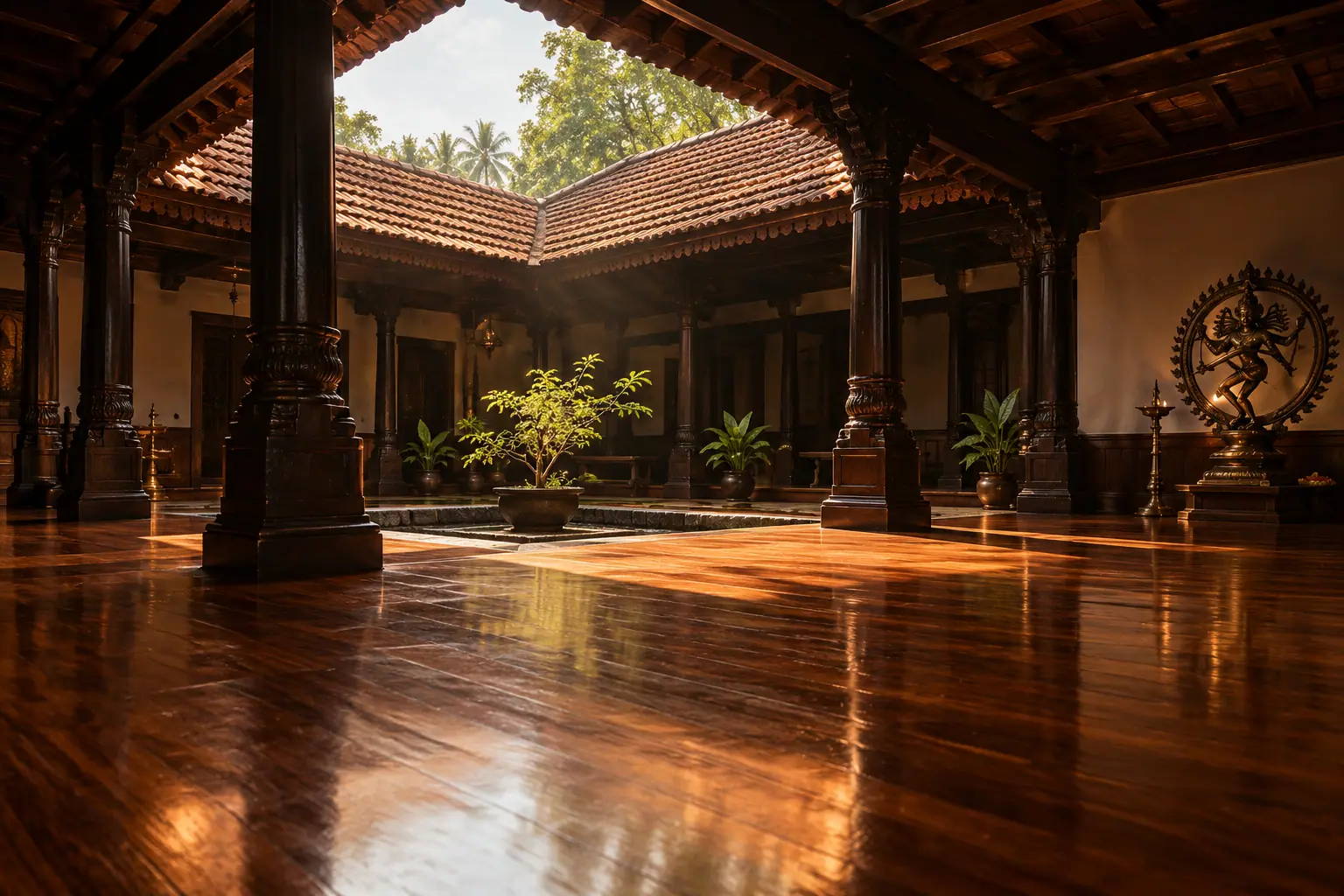 The studio: a polished dark teak floor, tall arched windows full of warm light and a bronze Nataraja on a plinth